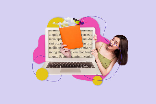 Image artwork template 3d poster collage of positive happy girl peek out big netbook monitor looking human hand hold notebook