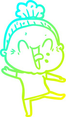 cold gradient line drawing of a cartoon happy old woman