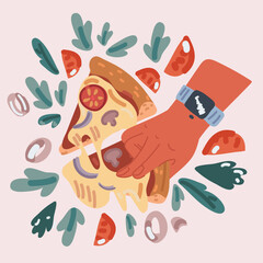 Vector illustration of hand hold slice of pizza