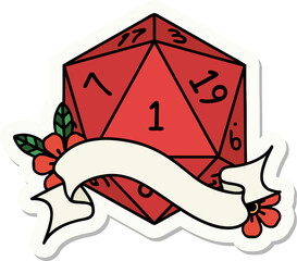 sticker of a natural one d20 dice roll