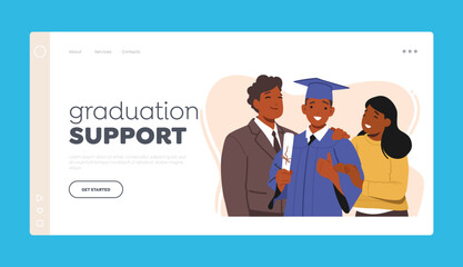 Graduation Support Landing Page Template. Happy Graduate Boy Stands Beside His Proud Parents. Dad and Mom Smiling