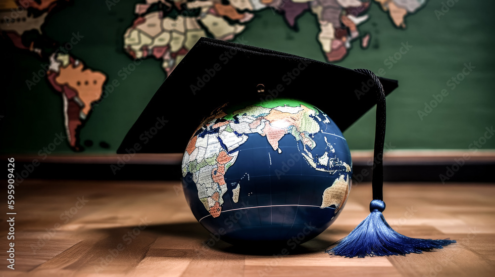 Aufkleber a a graduation cap with an earth globe was created, conceptually representing a global perspective -