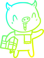 cold gradient line drawing of a happy cartoon pig with xmas present