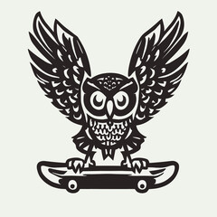 Skateboarding owl, logo, black and white, vector art