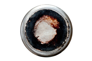 Close up photo, rusty texture inside old frying pan isolated.