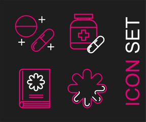 Set line Cross hospital medical, Medical book, Medicine bottle and pills and or tablet icon. Vector