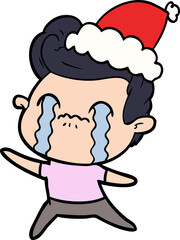 hand drawn line drawing of a man crying wearing santa hat