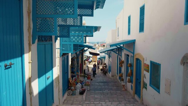 Typical street inside the medieval Sousse medina Tunisia. Streets in the tourist area of the city Sousse.