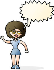 cartoon waving woman wearing spectacles with speech bubble