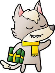 friendly cartoon wolf carrying christmas present