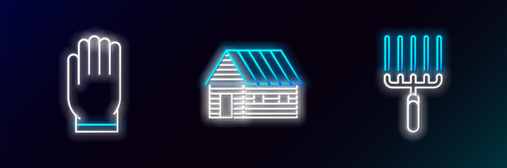 Set line Garden rake in work, gloves and Farm house icon. Glowing neon. Vector