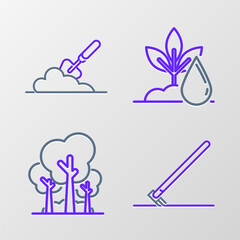 Set line Garden rake in work, Trees, Watering plant and trowel spade shovel the ground icon. Vector