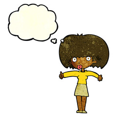 cartoon woman giving thumbs up symbol with thought bubble