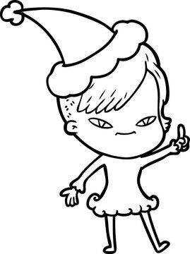 cute hand drawn line drawing of a girl with hipster haircut wearing santa hat