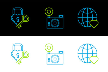 Set line The heart world love, Castle in the shape of and key and Photo camera icon. Vector