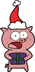 hand drawn line drawing of a pig with christmas present wearing santa hat