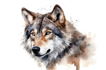 Watercolor portrait of a gray wolf on white background. Generative AI.