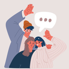 Vector illustration of Happy diverse female friends putting hands together vector flat illustration. Group of smiling woman enjoying friendship, support and cooperation isolated.