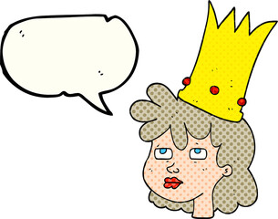 freehand drawn comic book speech bubble cartoon queen with crown