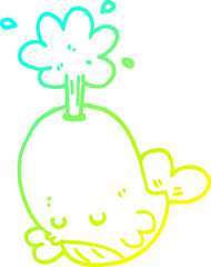 cold gradient line drawing of a cartoon spouting whale