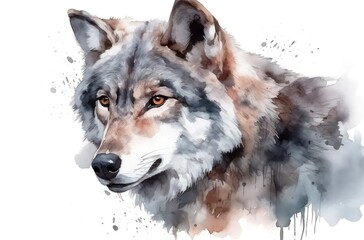 Watercolor portrait of a gray wolf on white background. Generative AI.