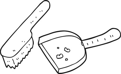 freehand drawn black and white cartoon dust pan and brush