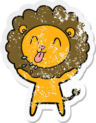 distressed sticker of a happy cartoon lion