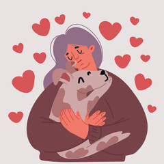 Vector illustration of Adopt a dog. Dog rescue and adoption. Young woman hugging puppy. Friendship, care and love. Human with a dog.