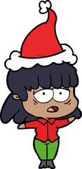 hand drawn line drawing of a tired woman wearing santa hat