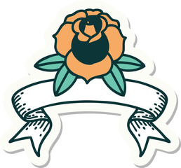 tattoo style sticker with banner of a flower
