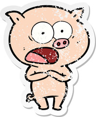 distressed sticker of a cartoon pig shouting