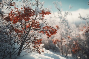 Snow-covered rowan trees with red berries. Scenic winter landscape for festive season. Abstract background. Cold weather. Generative AI