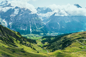 Naklejka premium Summer mountain landscape with green grass and mountain peaks.