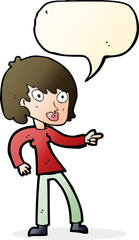 cartoon woman pointing with speech bubble
