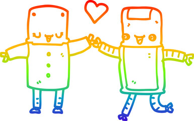 rainbow gradient line drawing of a cartoon robots in love