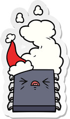 hand drawn sticker cartoon of a overheating computer chip wearing santa hat