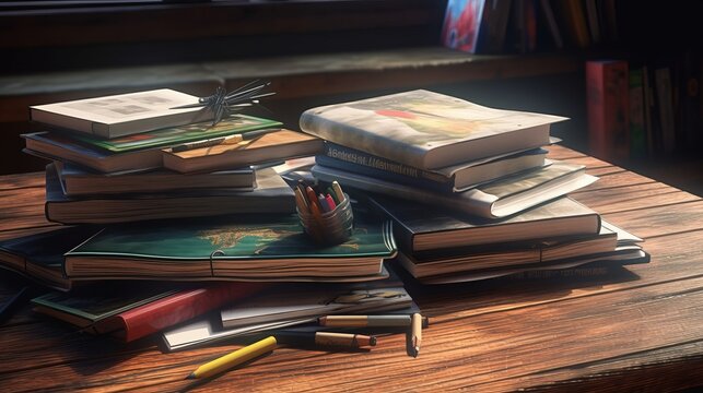 School books on desk photorealistic. AI generated