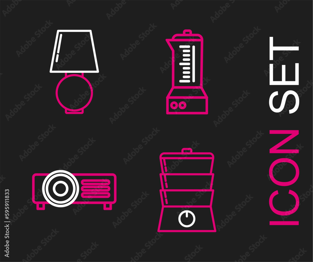 Poster set line double boiler, blender and table lamp icon. vector