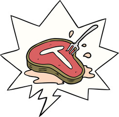 cartoon cooked steak and fork with speech bubble
