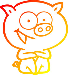 warm gradient line drawing of a cheerful sitting pig cartoon