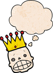 cartoon spooky skull face with crown with thought bubble in grunge texture style