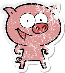 distressed sticker of a cheerful pig cartoon