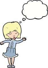 cartoon waving woman with thought bubble