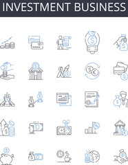 Investment business line icons collection. Finance industry, Trade market, Economic sector, Capital venture, Mtary commerce, Fiscal activity, Banking profession vector and linear illustration. Stock