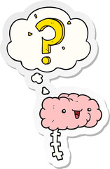 cartoon curious brain with thought bubble as a printed sticker