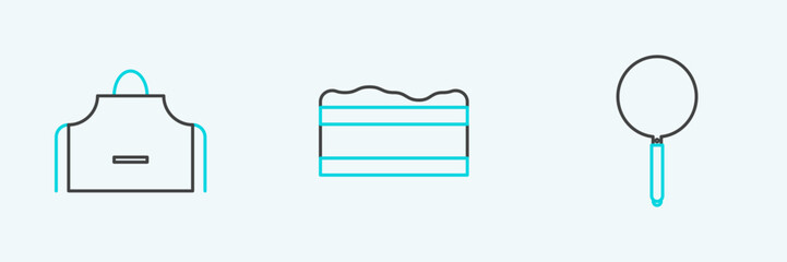 Set line Frying pan, Kitchen apron and Brownie chocolate cake icon. Vector
