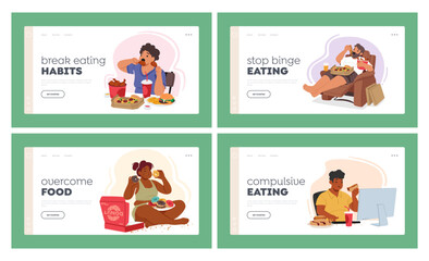 People Overeating Habits Landing Page Template Set. Overweight Characters With Obsessive Eating Habits