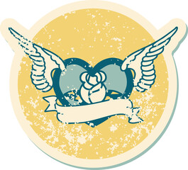 iconic distressed sticker tattoo style image of a flying heart with flowers and banner