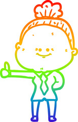 rainbow gradient line drawing of a cartoon happy old woman