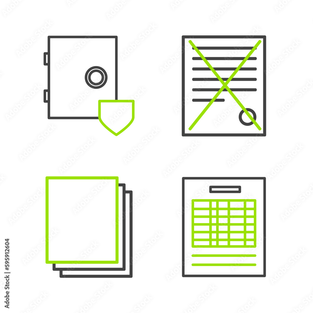 Poster set line report file document, clean paper, delete and safe with shield icon. vector